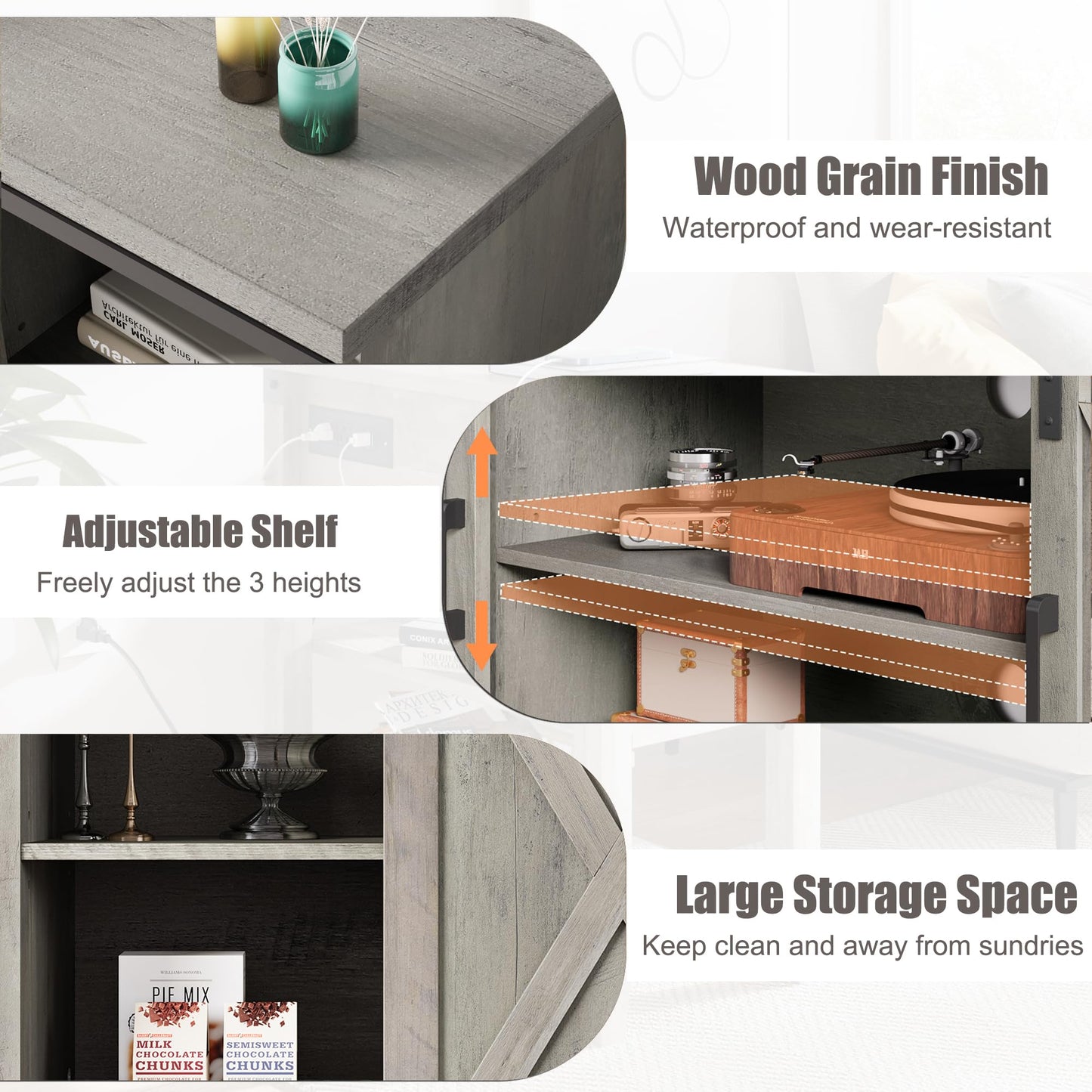IDEALHOUSE Farmhouse TV Stand, Entertainment Center for 65 Inch TV Media Console Cabinet, White Barn Doors TV Stand with Storage and Shelves, Modern TV Console Table Furniture for Livingroom (Gray)