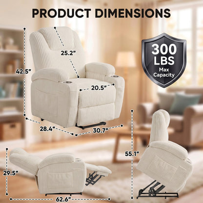 Flamaker Power Lift Chair Massage Recliner Chairs for Elderly, Corduroy Ergonomic Design with Cup Holders & Side Pockets, Remote Control (White)