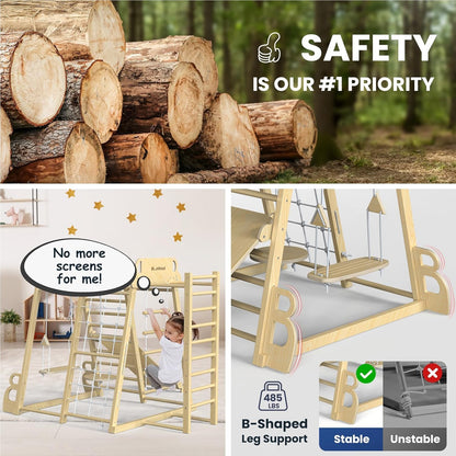 BlueWood Upgraded Indoor Jungle Gym 9-in-1 Playground Kids Climbing Toys, Waldorf Style Wooden Climber Playset with Slide, Swing, Monkey Bars, Upright/Rope Ladder, Climb Net, Natural Wood Color