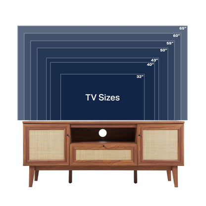JONATHAN Y Finley 59" Mid-Century Walnut Rattan TV Stand for TVs up to 65 Inch, Wood Media Console with Woven Cane Soft-Close Doors and Drawer, Bohemian Entertainment Center for Living Room TVS1002B