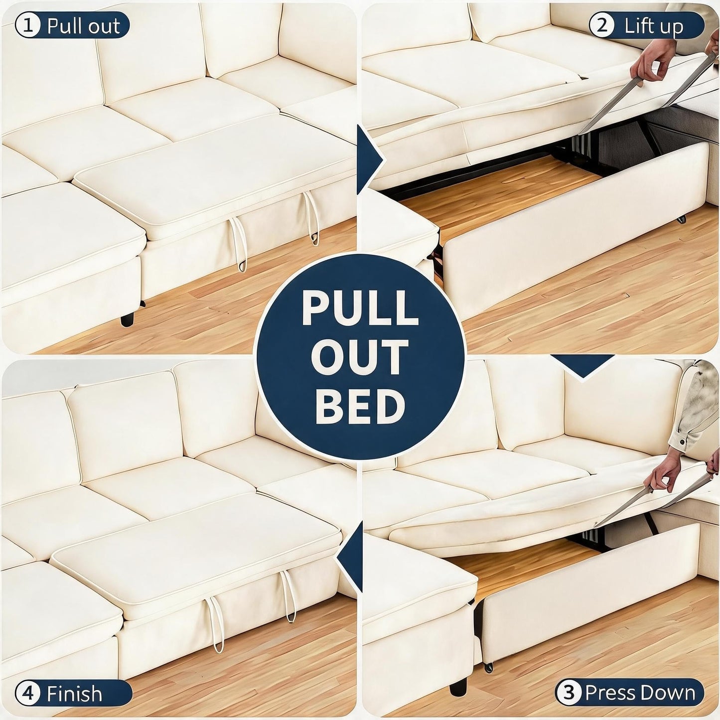 Modular Sectional Sleeper Sofa with Pull Out Bed, 116" Large U Shaped 7 Seater Sectional Couches with Ottoman, Charging Port & Foldable Side Table, Comfy Chenille Cloud Sofas for Living Room, Beige