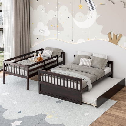Giantex Twin Over Full Bunk Bed with Trundle, Convertible Platform Bed Frame with Ladder, Solid Wood Frame & Safety Guardrails, Space-Saving Bunk Bed for Teens & Kids, No Box Spring Needed, Espresso