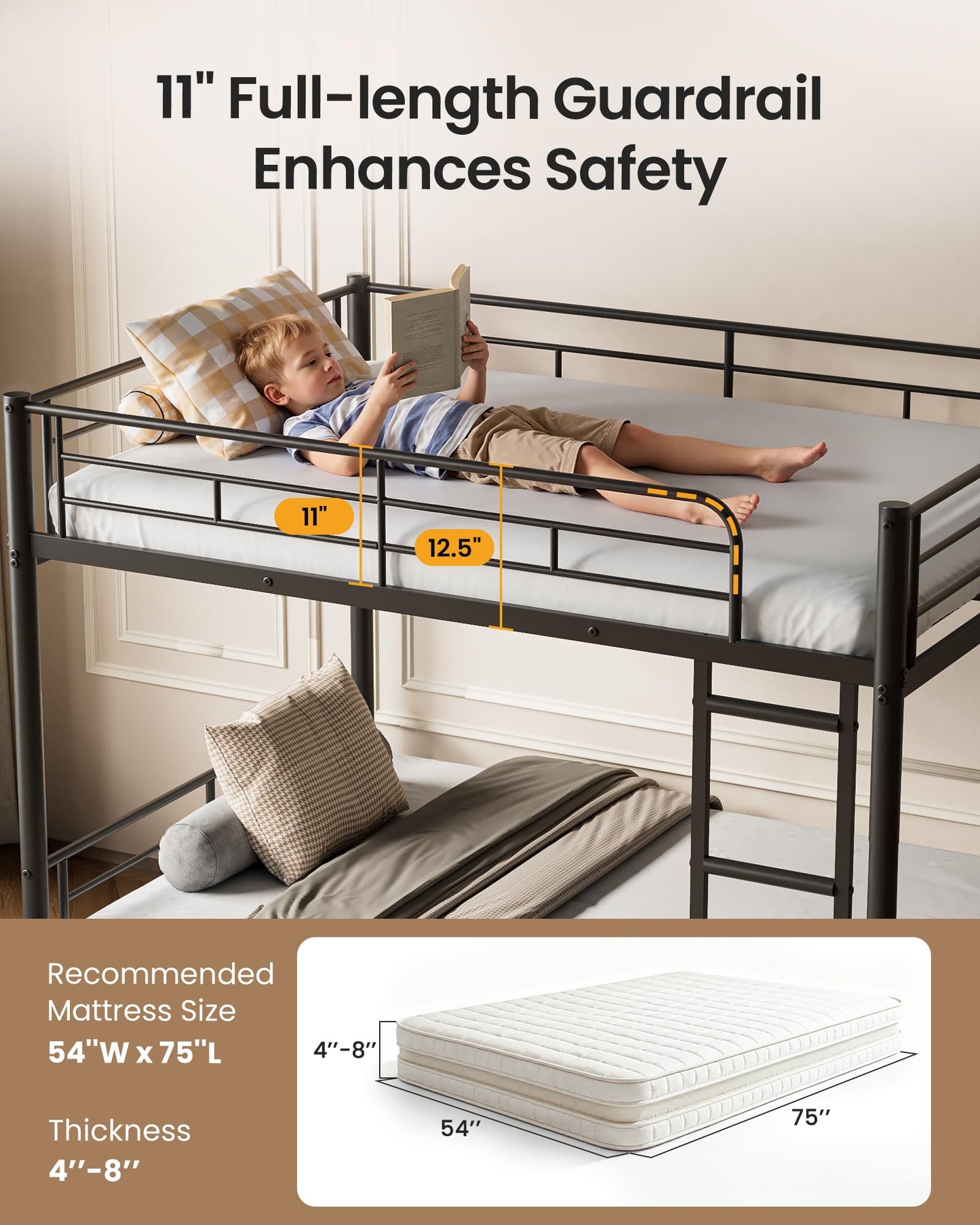 Mixcous Full Over Full Metal Bunk Bed for Adults & Kids, Convertible to 2 Separate Full Size Beds, Heavy Duty Bunk Bed Frame with Full-length Guardrail & EVA Padded Ladder, No Box Spring Needed, Black
