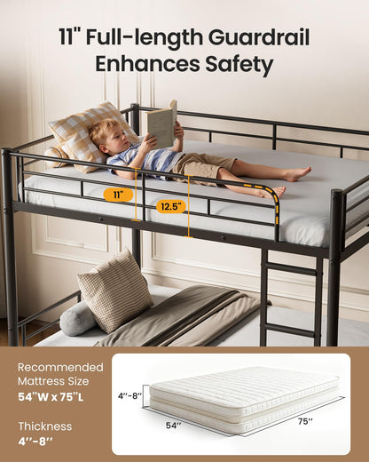 Mixcous Full Over Full Metal Bunk Bed for Adults & Kids, Convertible to 2 Separate Full Size Beds, Heavy Duty Bunk Bed Frame with Full-length Guardrail & EVA Padded Ladder, No Box Spring Needed, Black