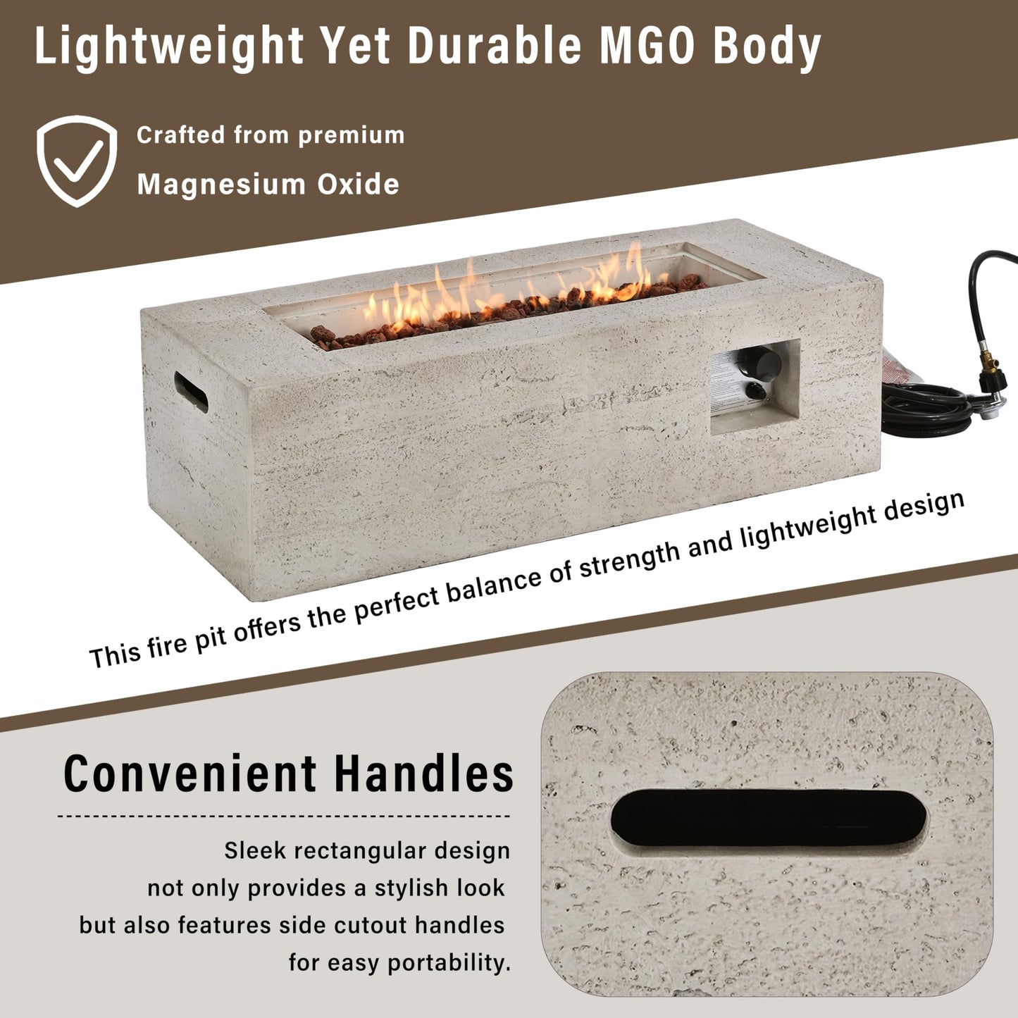 GDFStudio 41.9" MgO Rectangular Propane Fire Pit Table, 40000 BTU Outdoor Fire Pit with Stainless Steel Burner, Lava Rocks & Waterproof Cover, Tabletop Fire Pit for Backyard Patio Parties, Beige+Gray