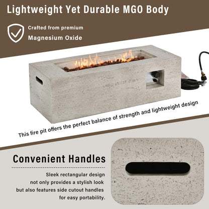 GDFStudio 41.9" MgO Rectangular Propane Fire Pit Table, 40000 BTU Outdoor Fire Pit with Stainless Steel Burner, Lava Rocks & Waterproof Cover, Tabletop Fire Pit for Backyard Patio Parties, Beige+Gray