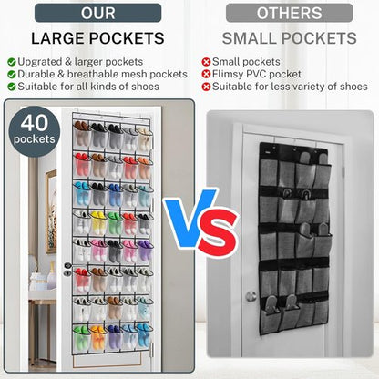 Hualleko Large Mesh Pocket Over-The-Door Shoe Organizer - Sturdy Storage for 20 Pairs (White)
