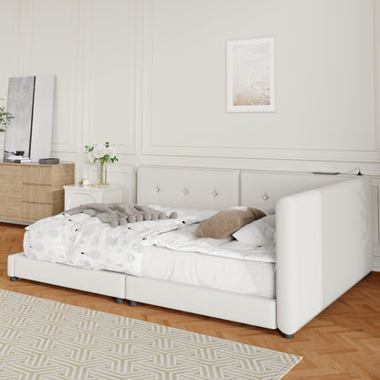 Merax Queen Size Modern Upholstered Platform Bed with USB Ports, Floor Daybed with Wood Slat Support/Queen,Beige