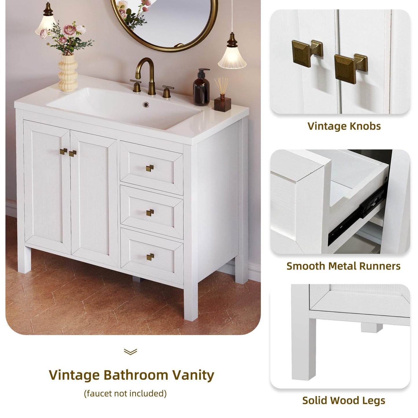 DWVO 36 Inch Bathroom Vanity with Sink, Modern Bathroom Storage Cabinet with Resin Basin, Three Holes, 2 Doors & 3 Drawers