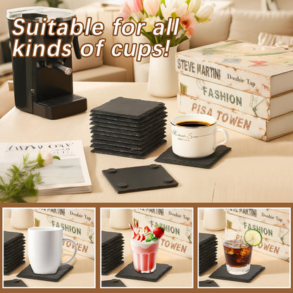 60 PCS Slate Coasters Black Square 4 Inch Bulk Rock, Blank Laser Engraving, Scratch Resistant Bottom, Home Office Kitchen Gift Wedding Bar Party Square Coasters
