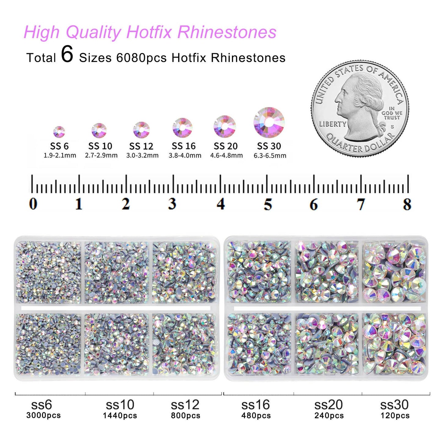 BEADSLAND Hotfix Rhinestones, 6080PCS AB Rhinestones for Clothes Crafts Mixed 6 Sizes with Wax Pencil and Tweezers Kit, SS6-SS30, Crystal AB