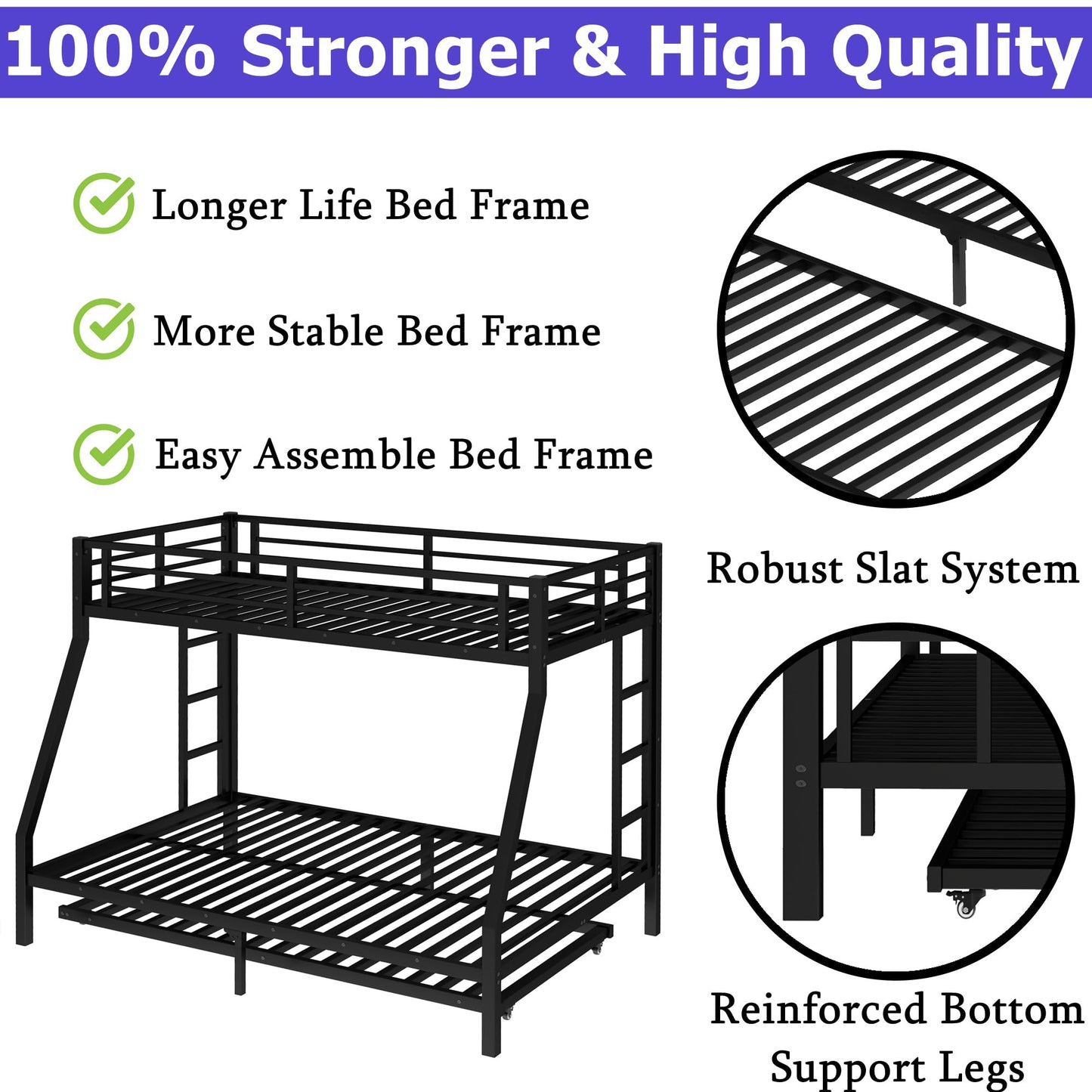 Heavy-Duty Metal Twin XL Over Queen Bunk Bed with Trundle for Teens Adults,Higher Quality Steel Queen Size BunkBed with 2 Vertical Ladders ,Noise Free for Small Bedroom, Weight Capacity 700LBS (Black)