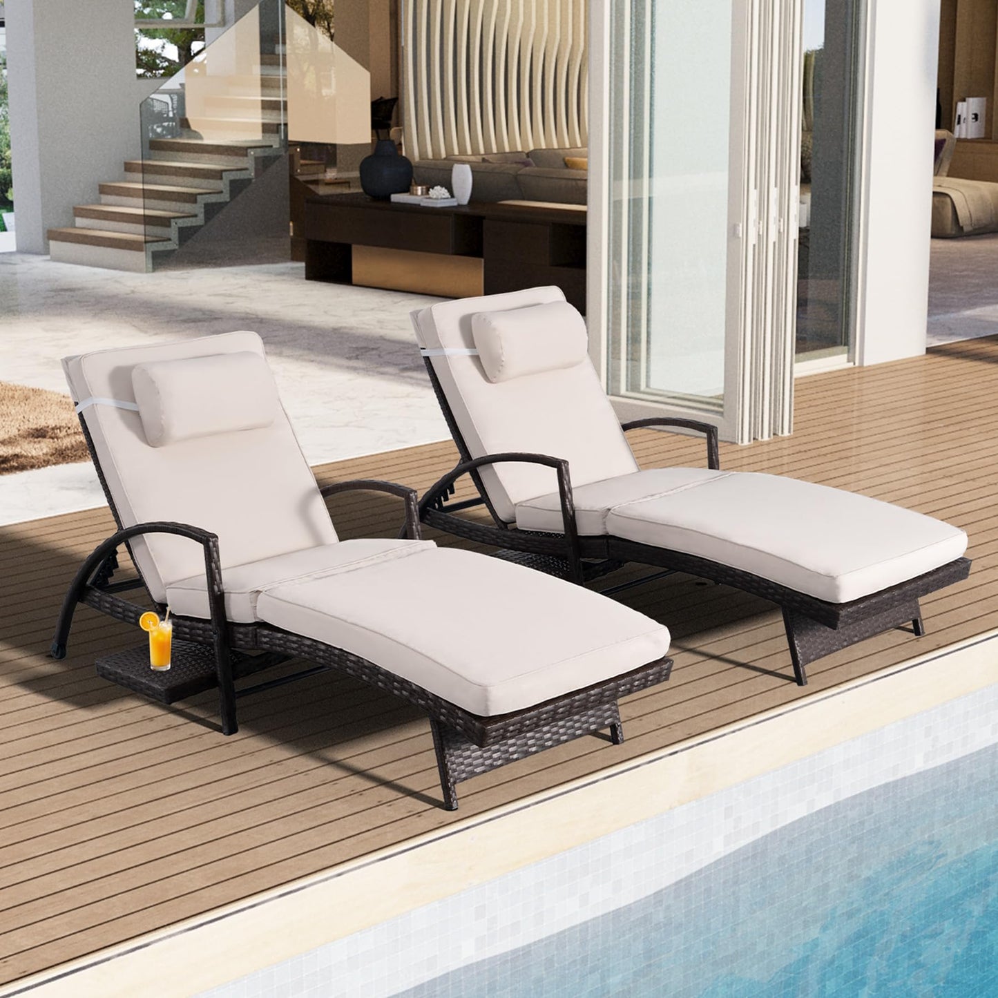 Chaise Lounge Chairs Set of 2, 6-Position Adjustable Outdoor Recliner with Side Table & Wheel,All-Weather PE Rattan Wicker Patio Lounge Chair With Removable Cushion for Poolside Backyard Beach (Beige)
