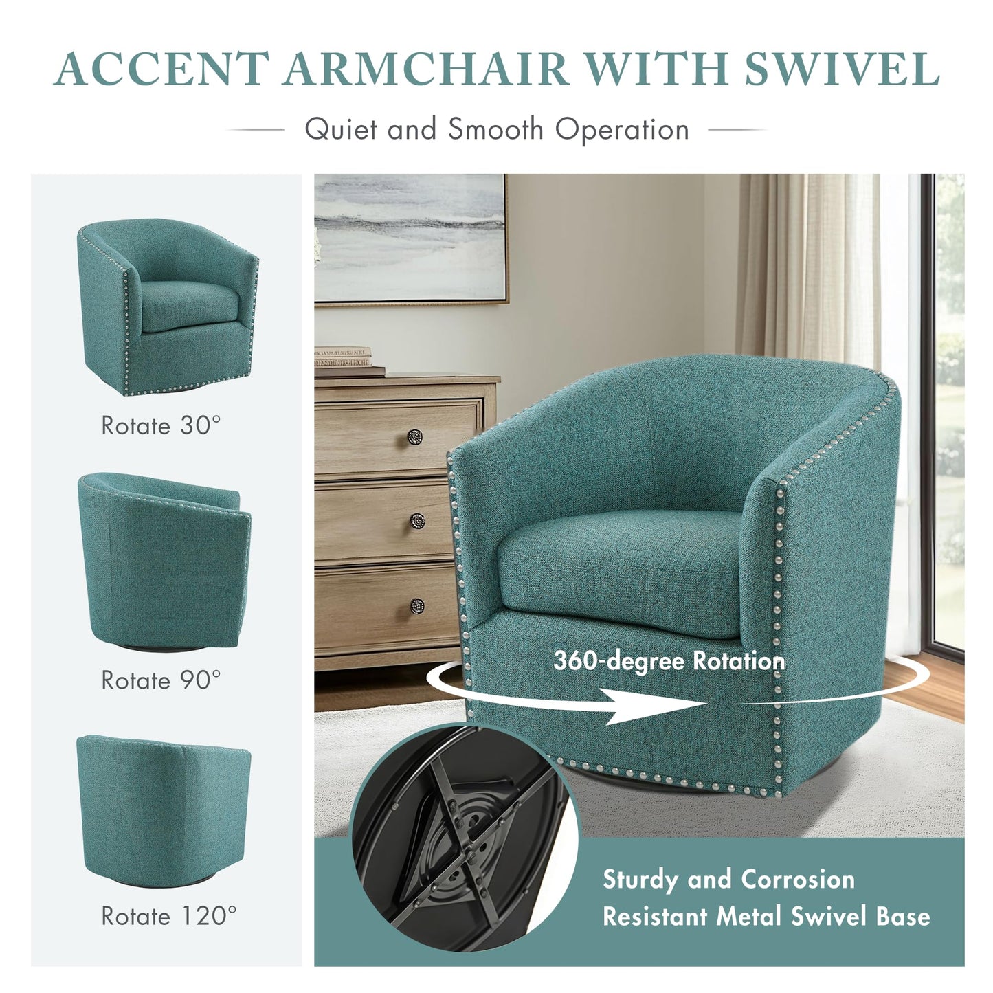 Madison Park Swivel Barrel Accent Chair, Upholstered Curved Back with 7-Inch Thick Woven Cushion, 360° Swivel, Nailhead Trim, Comfy Chair for Living Room, Bedroom, Office, 28" Wide, Teal, Tyler