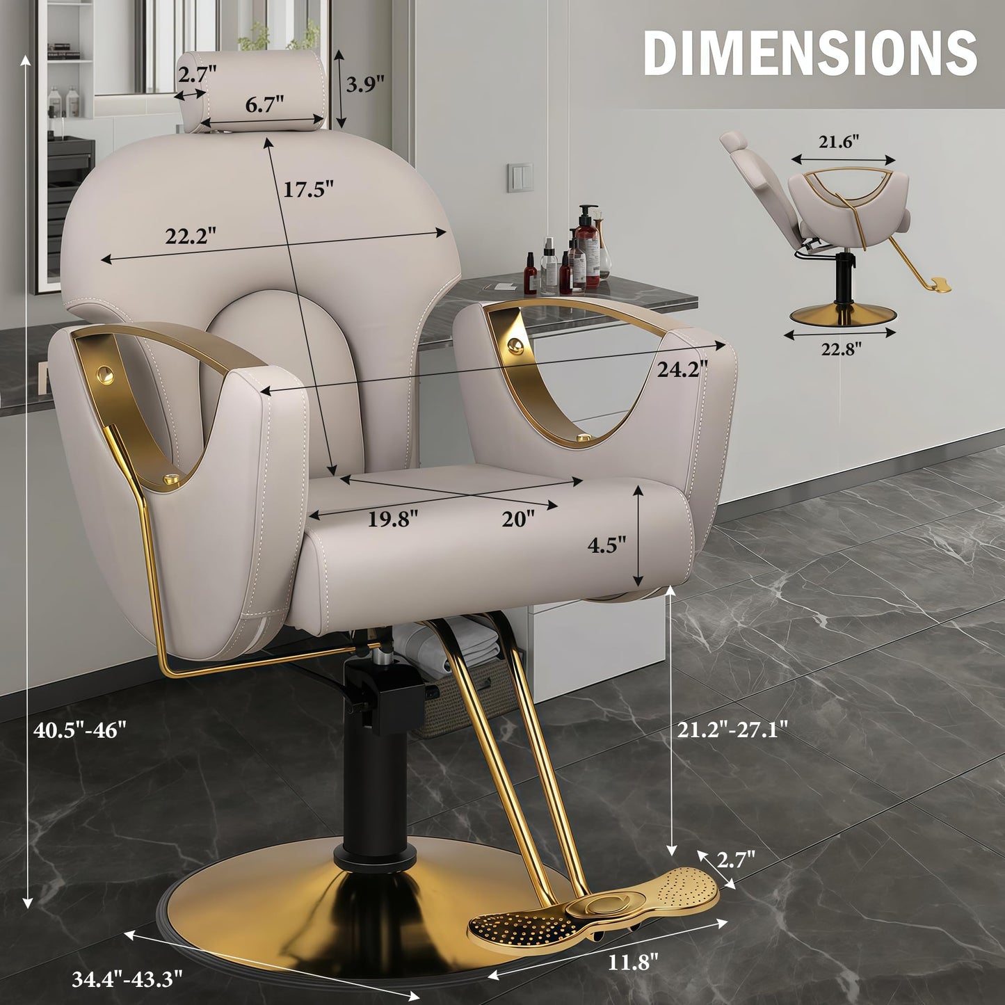 Tythical Salon Chair for Hair Stylist, Reclining Hair Barber Chair with Heavy Duty Hydraulic Pump, Up to 440 Lbs, 360 Degrees Swivel Beauty Spa Equipment for Salon Barbershop, Grey Gold