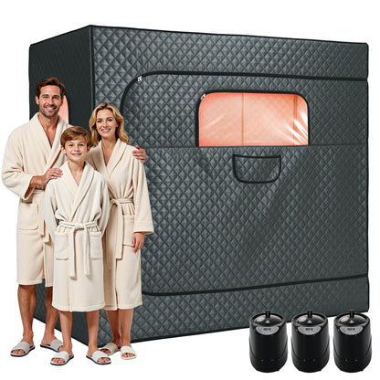 Albott 3 Person Steam Sauna for Home, Portable Sauna Tent with 3L 1500W Steamer, Extra Large Size 6.6’ x 3.3’ x 5.8’ Full Body Home Spa, Remote Control, Folding Chair, Grey