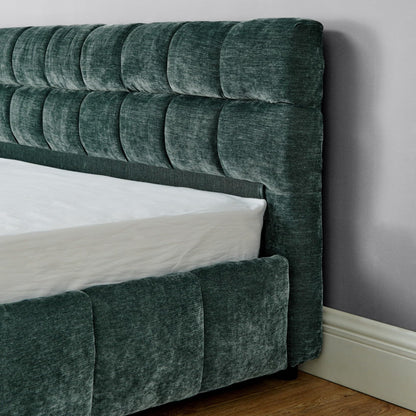 KEIKI King Thick Chenille Bed Frame with 4 Storage Drawer & Upholstered Tufted Headboard, Modern Solid Wood Floor Platform for Bedroom, No Box Spring Needed