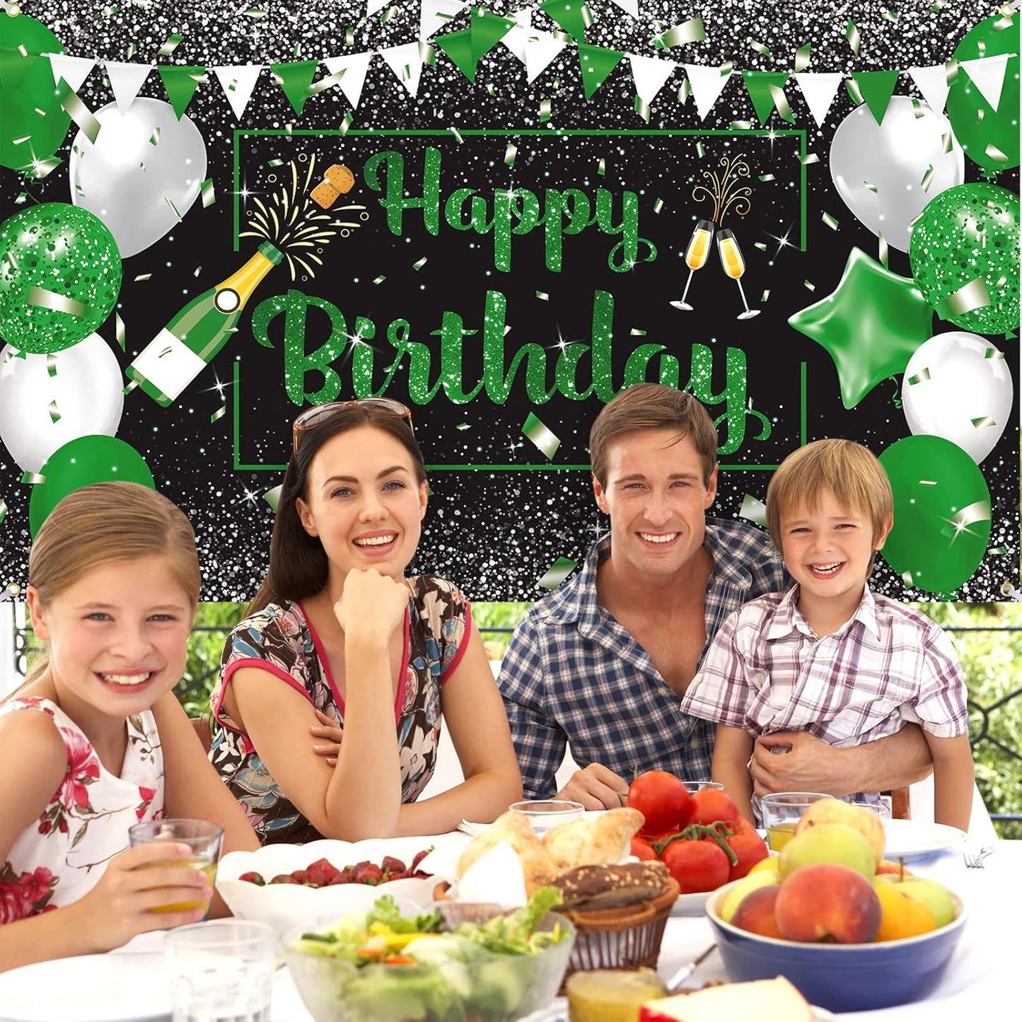 Green Silver Black Happy Birthday Banner Decorations, Champagne Glass Balloons Photo Booth Background for Party Supplies