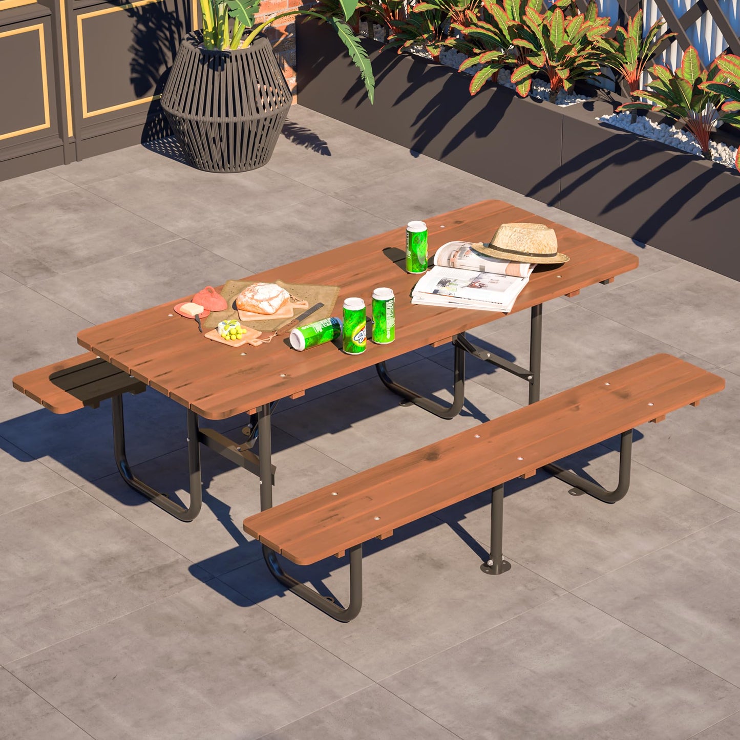 VroomAuto Outdoor Picnic Table for 6 with Benches, 72 Inch Rectangular Waterproof Wooden Dining Set, Heavy Duty for Garden Backyard Patio BBQ