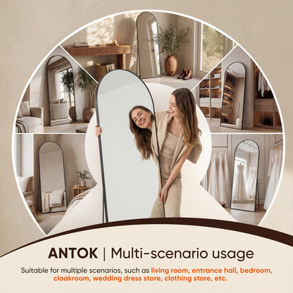 Antok 86" x46” Arched Full Length Floor Mirror, Black Aluminum Frame, Free Standing/Wall Mount/Leaning for Bedroom, Living Room, Dressing Room