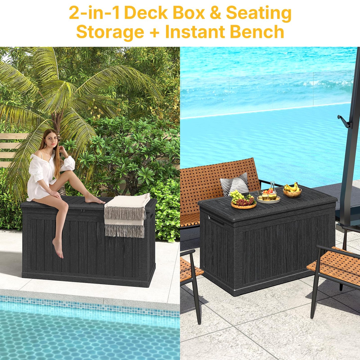 Skepphlay 230 Gallon Deck Box, Outdoor Storage Box Waterproof and UV Resistant, Patio Storage Box Lockable Large, 440 lbs Load Capacity for Garden, Patio, Pool (Black)