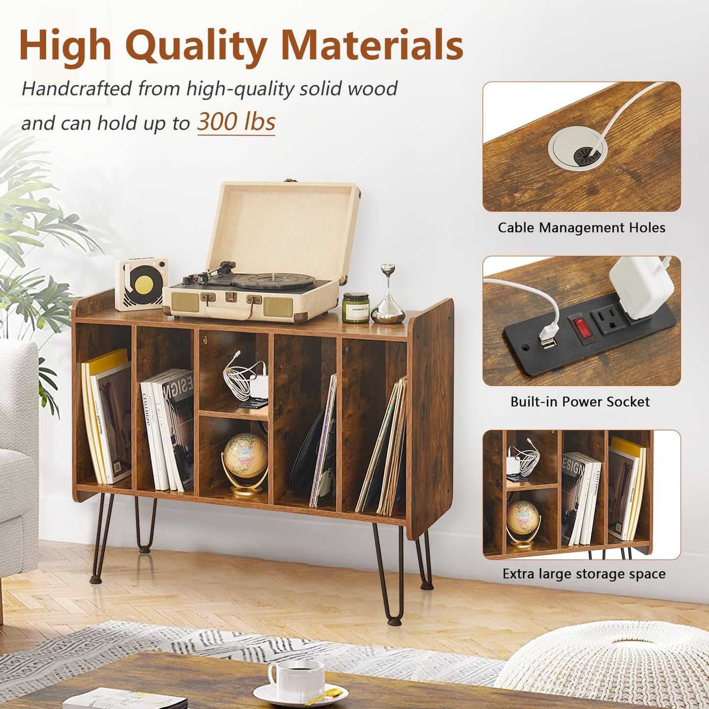 BMWEI Record Player Stand with Display Area, Wooden Turntable with Storage, Holds Up to 300 Albums (Brown)