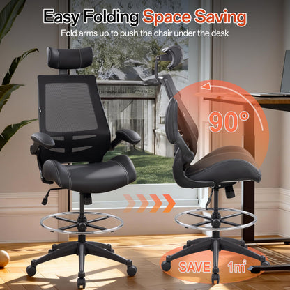 BOLISS Tall Ergonomic Office Chair, Sustainable Tech-Leather Drafting Chair with Adjustable Foot Ring, 90° Flip-Up Arms Space Saving Mesh Computer Desk Chair for Standing Desk Executive Work 8+ Hours
