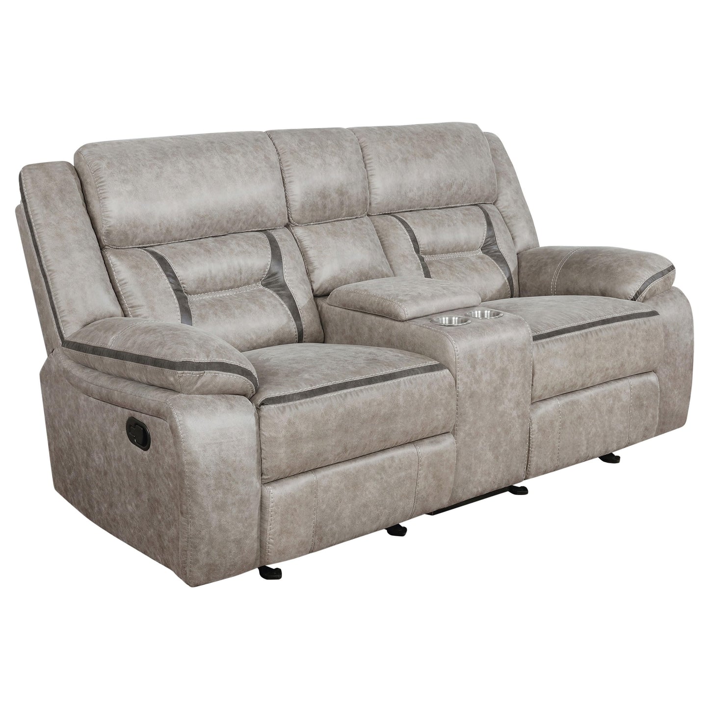 Coaster Home Furnishings - Greer - Faux Leather Upholstered Glider Reclining Loveseat with Console, Built-in Cupholders, Storage and USB Port - Home Theater & Living Room - Taupe - 651352