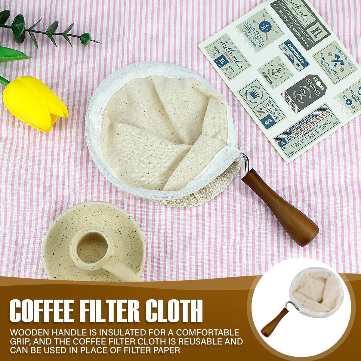 Coffee Filter, Flannel Cloth Coffee Filter with Wooden Handle, Reusable Coffee Sock Filter for Home Office Kitchen Use