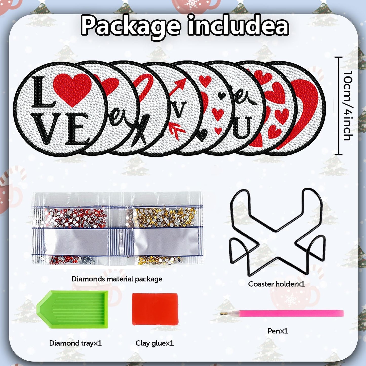 Denylo pro 8 Pcs Valentines Day Diamond Art Painting Coasters Kits with Holder DIY Art Coaster Non Slip Coaster for Adults Xmas Holiday Diamond Painting Kits Supplies for Valentines Day Gift
