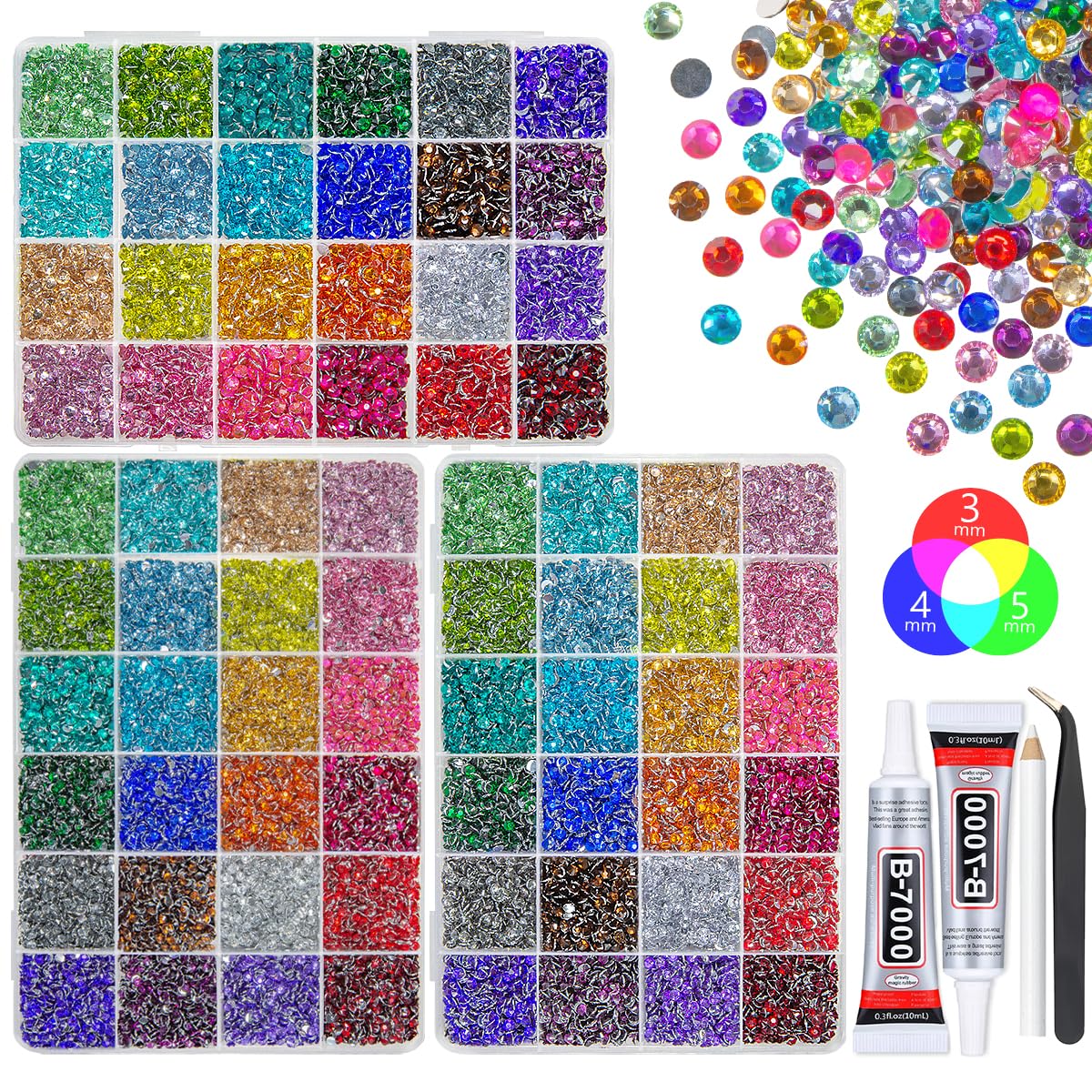 qiipii 3 Boxes 24 Color 3mm 4mm 5mm Crystal Resin Rhinestones for Bedazzling Crafting Flatback Colorful Stones Gems Diamonds Charms for Nails Face Makeup Tumblers Bottles Crafts Clothes Shoes Phones