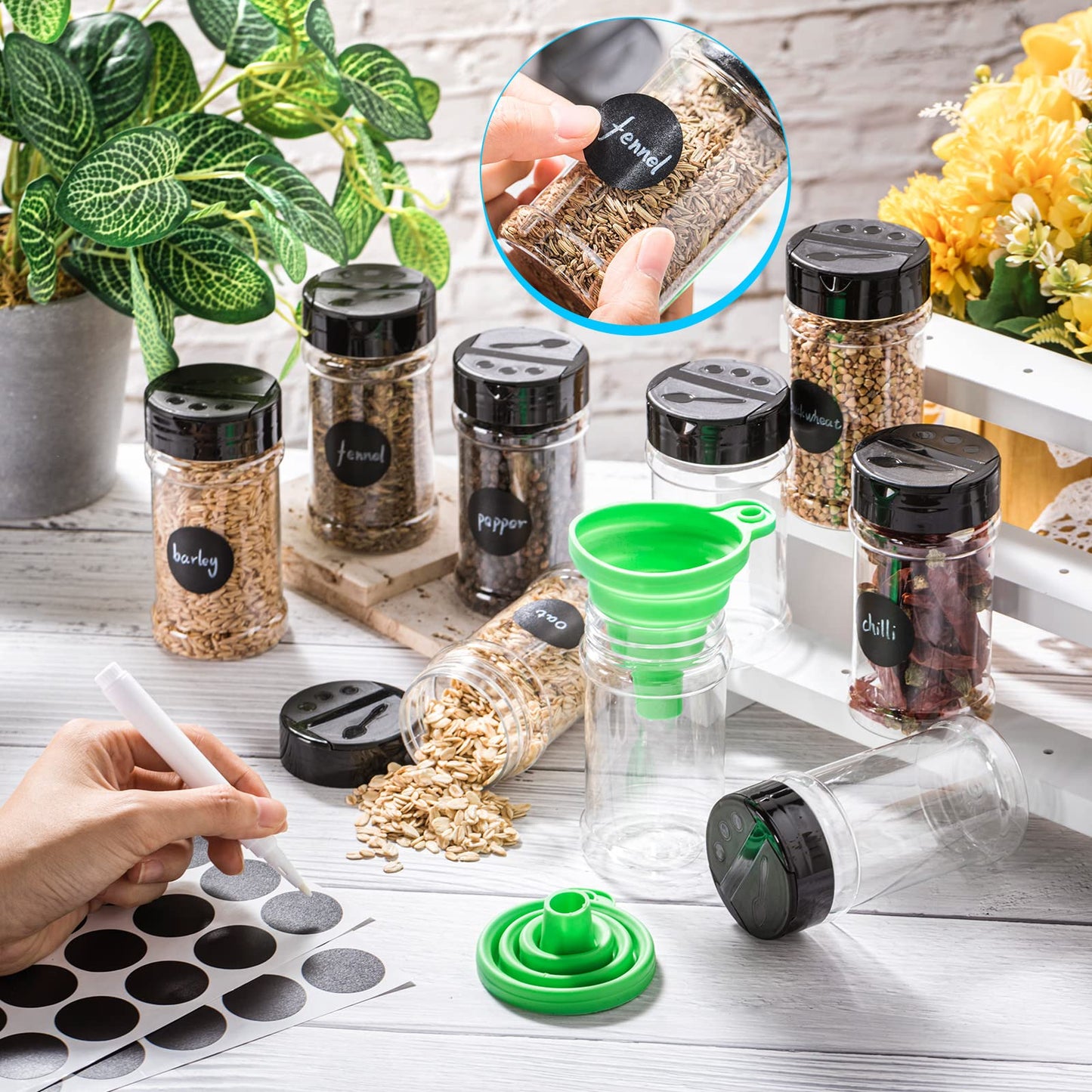 Mimorou 48 Pcs Clear Plastic Spice Jars Spice Bottles with Shaker Lids Plastic Seasoning Containers with Chalk Labels Chalk Marker Collapsible Funnel Brush Storage Containers for Kitchen Cabinet
