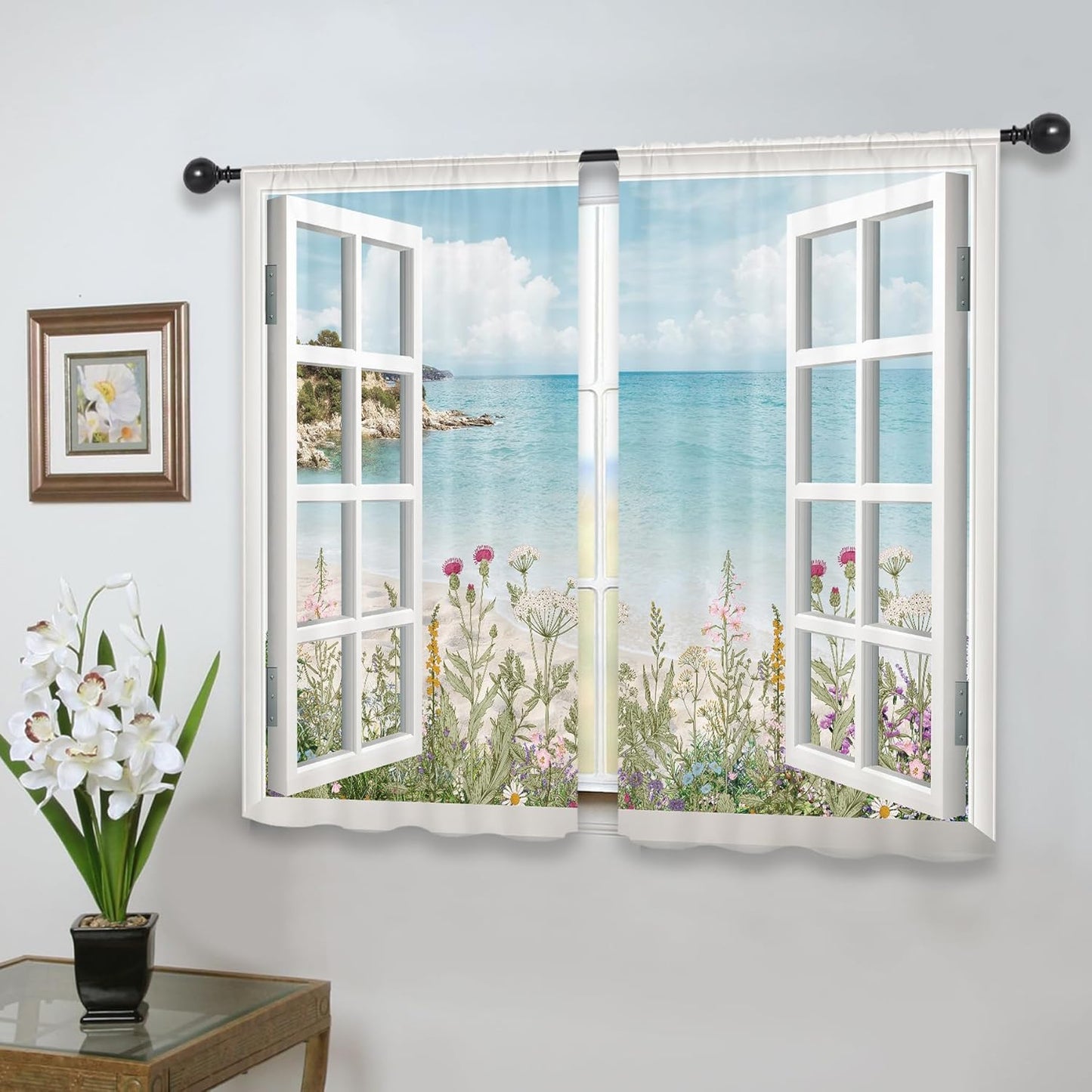 Riyidecor Ocean Beach Coastal Kitchen Curtains, Short Hawaiian Floral Scenery, 2 Panels 27.5Wx39H Inch