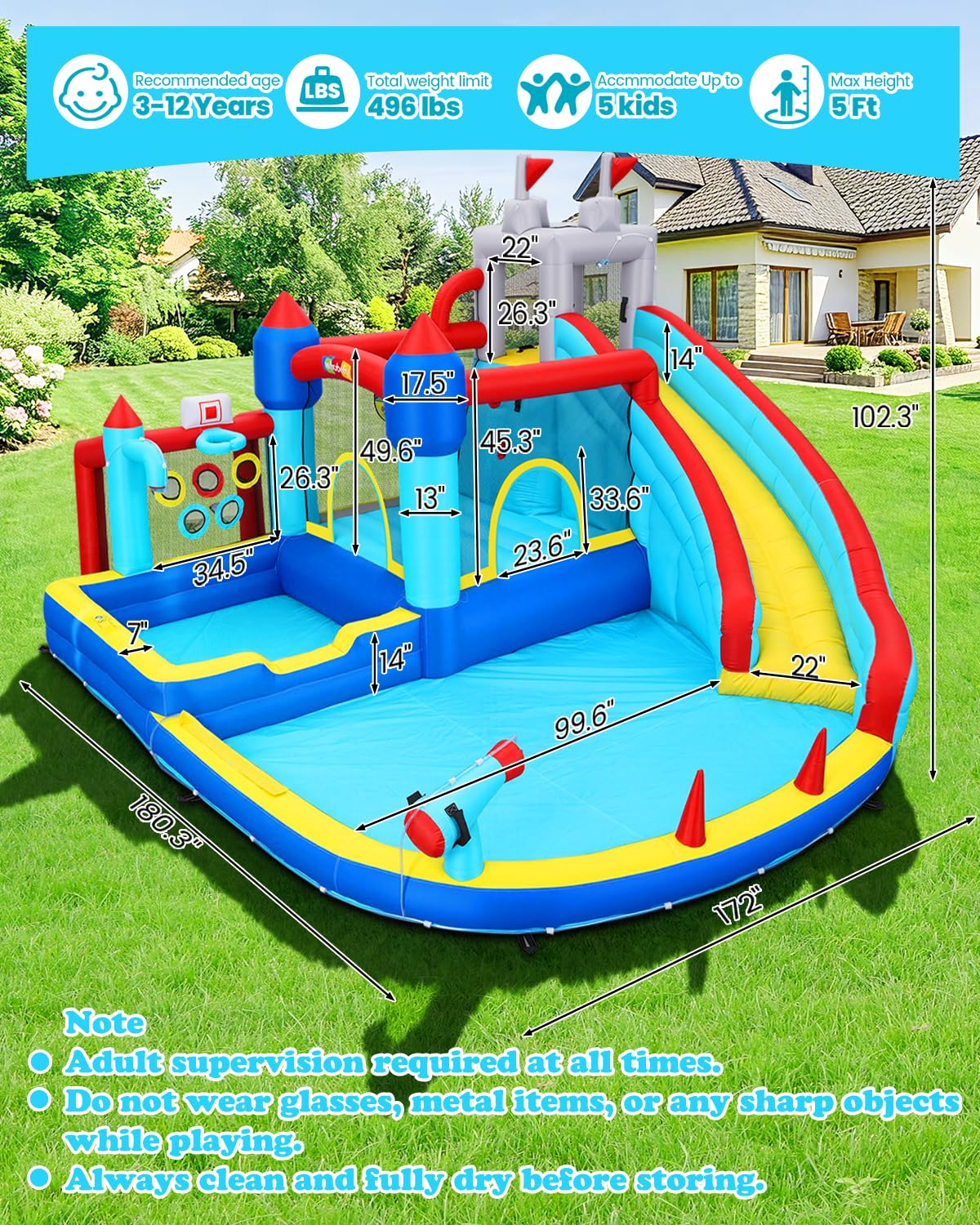 AKEYDIY Inflatable Water Bounce House, 15 x 14 FT Water Slide for Kids,Bouncy Castle Water Park with Deep Splash Pools,Water Cannon&Spray Belt,750W Blower,Ideal for Backyard/Party/Birthday