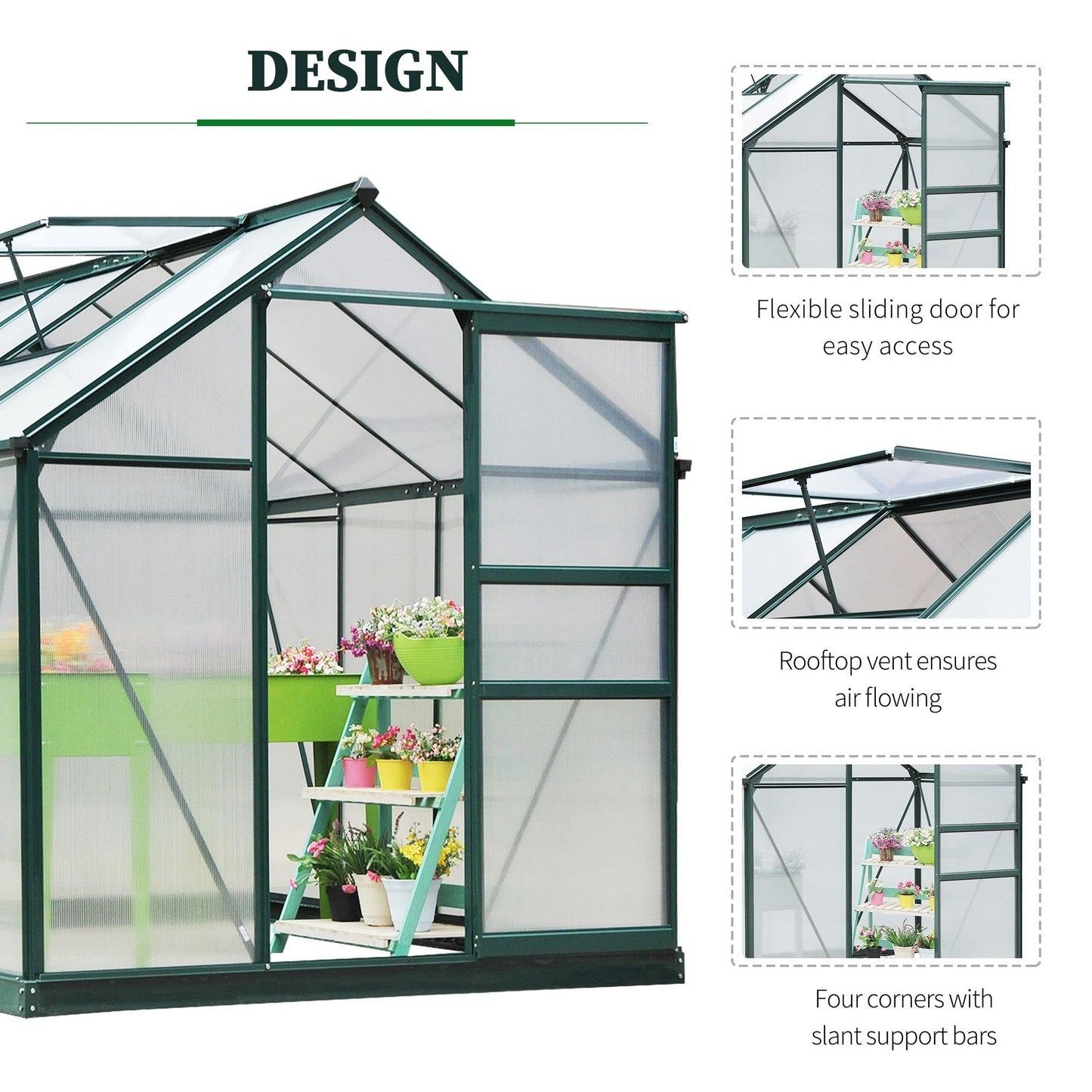 Outsunny 6' x 8' Greenhouse for Outdoors, Polycarbonate Greenhouse with Rain Gutter and Roof Vent, Aluminum Walk-in Green Houses with Push Door for Outside for Patio Backyard Garden, Dark Green