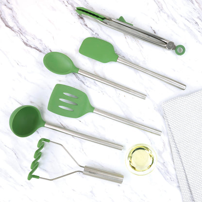 Tovolo Silicone Cooking Utensil Set of 6 Stainless Steel Handle Ladle Slotted Turner Tongs Flex Core Spatula Scraper Mixing Spoon & Potato Masher, Dishwasher Safe BPA Free Utensils, Pesto Green
