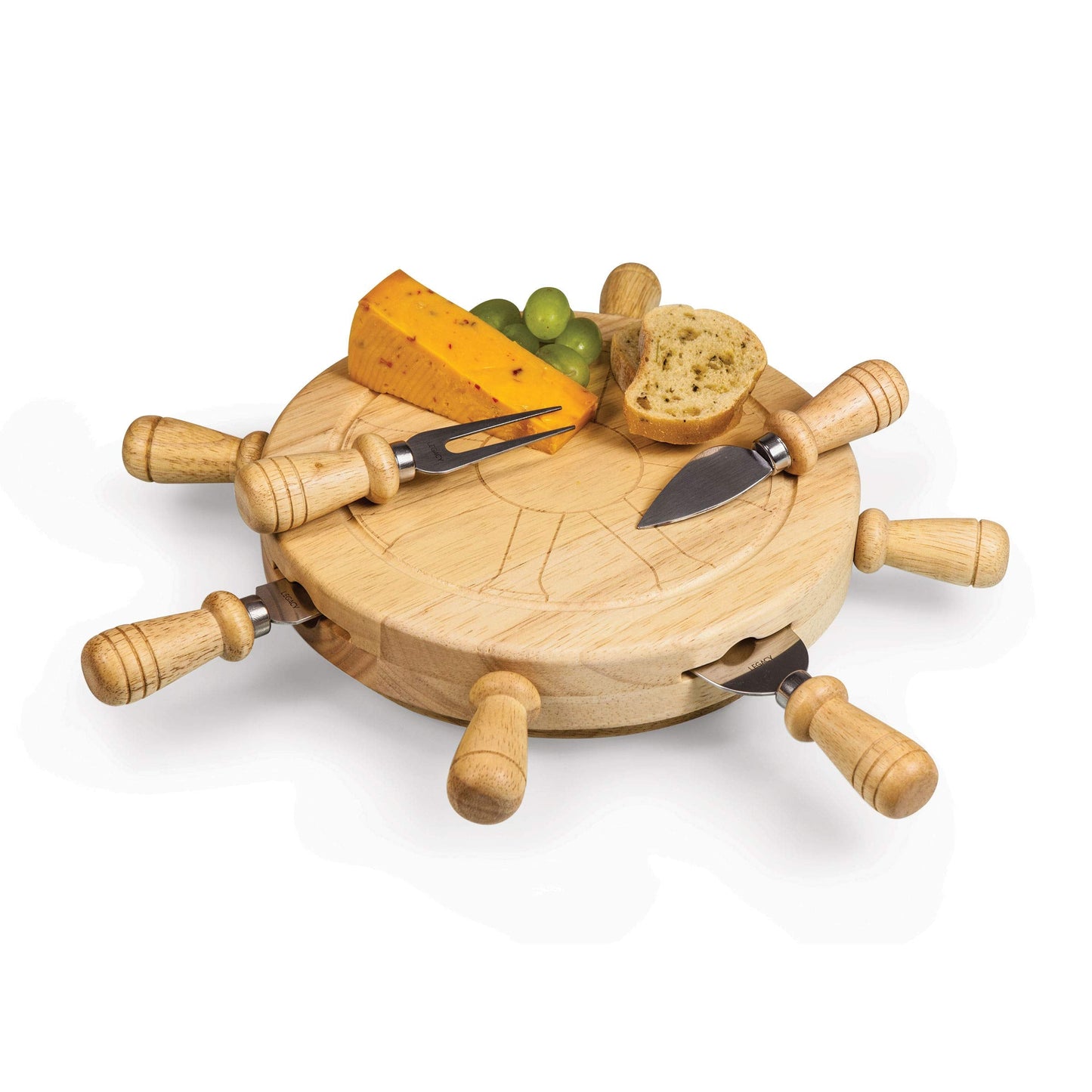 PICNIC TIME Mariner Cheese Board and Knife Set, Novelty Charcuterie Board Set with Stainless Steel Tools Housed in Helm Case Under the Lid, Swivel-Open Serving Platter, and Charcuterie Set, (Parawood)
