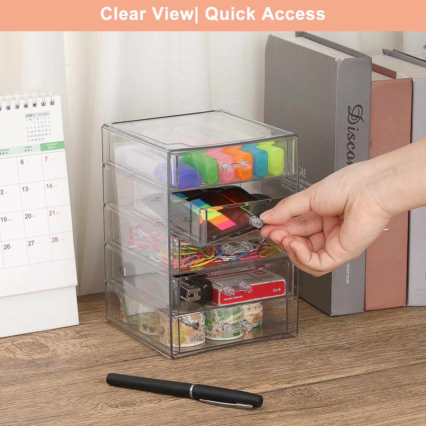 BTSKY Clear Acrylic Storage Organizer with Drawers, 5-Layer Desktop Organizer for Office Essentials, Multi-Purpose Stackable Container for Bathroom Vanity, Desk Makeup Jewelry Container Storage Box