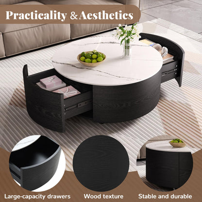 Merax Round Coffee Table for Living Room 29.5" Movable Coffee Table with Casters and 2 Storage Drawers, Marble Pattern Sintered Stone Top, Black and White