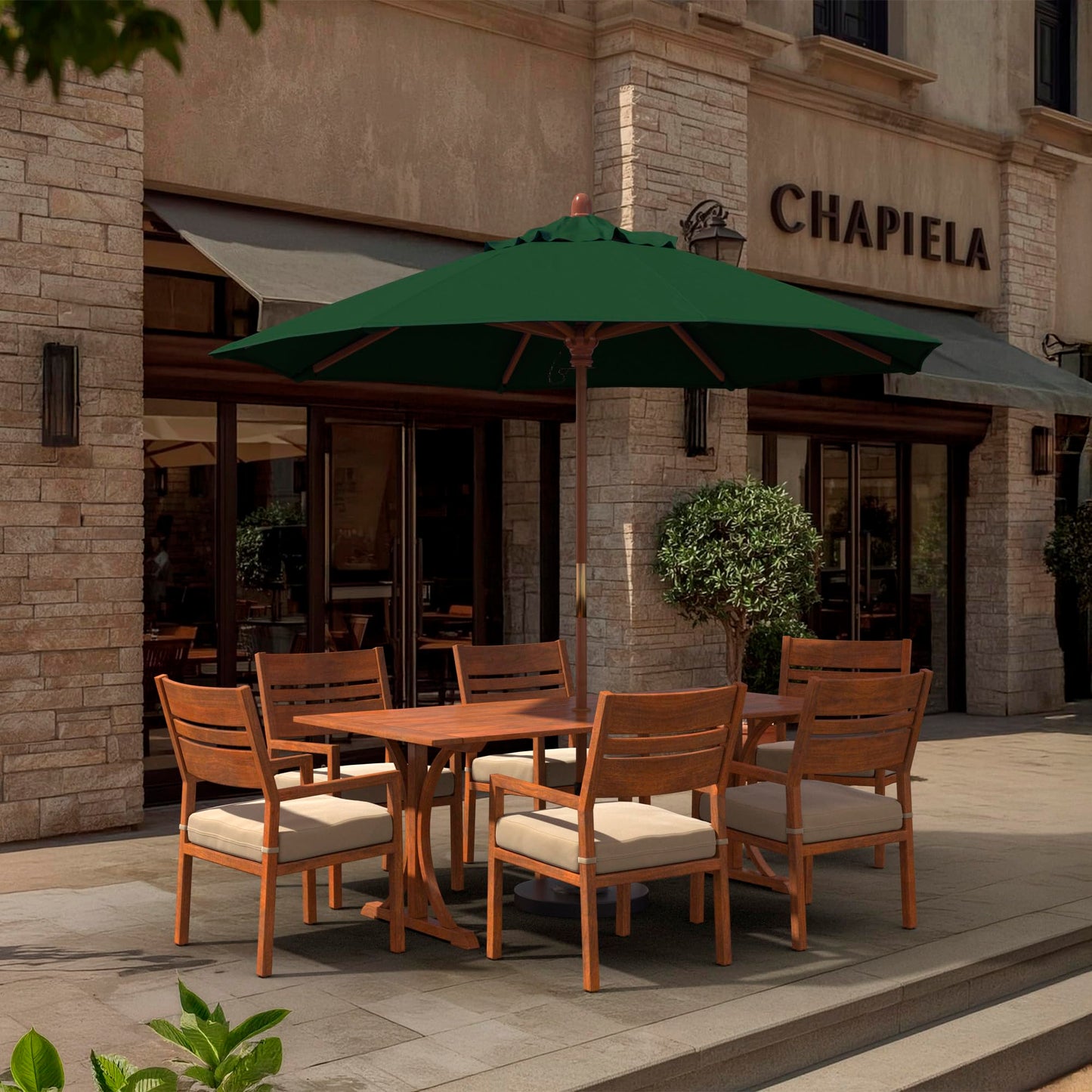 California Umbrella 9' Premium Commercial Hardwood Patio Umbrella, Manual Lift With Pacifica Hunter Green Fabric