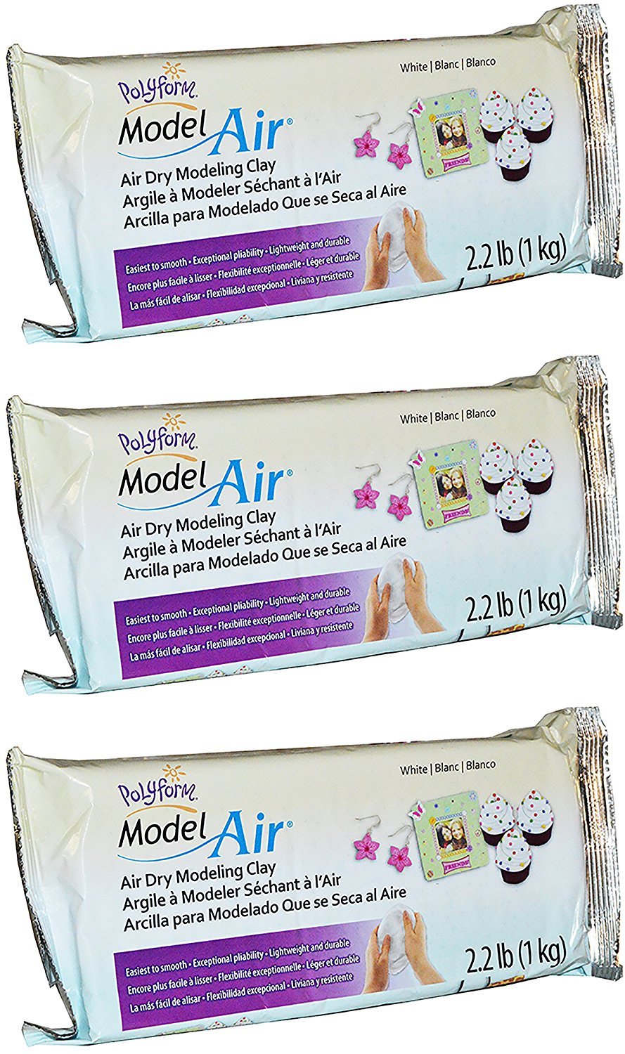 Sculpey Model Air White Dry Clay - New Formula - Lightweight, Durable - Ideal for Kids, Crafts, and Jewelry Projects - 2.2 Pounds, Pack of 3