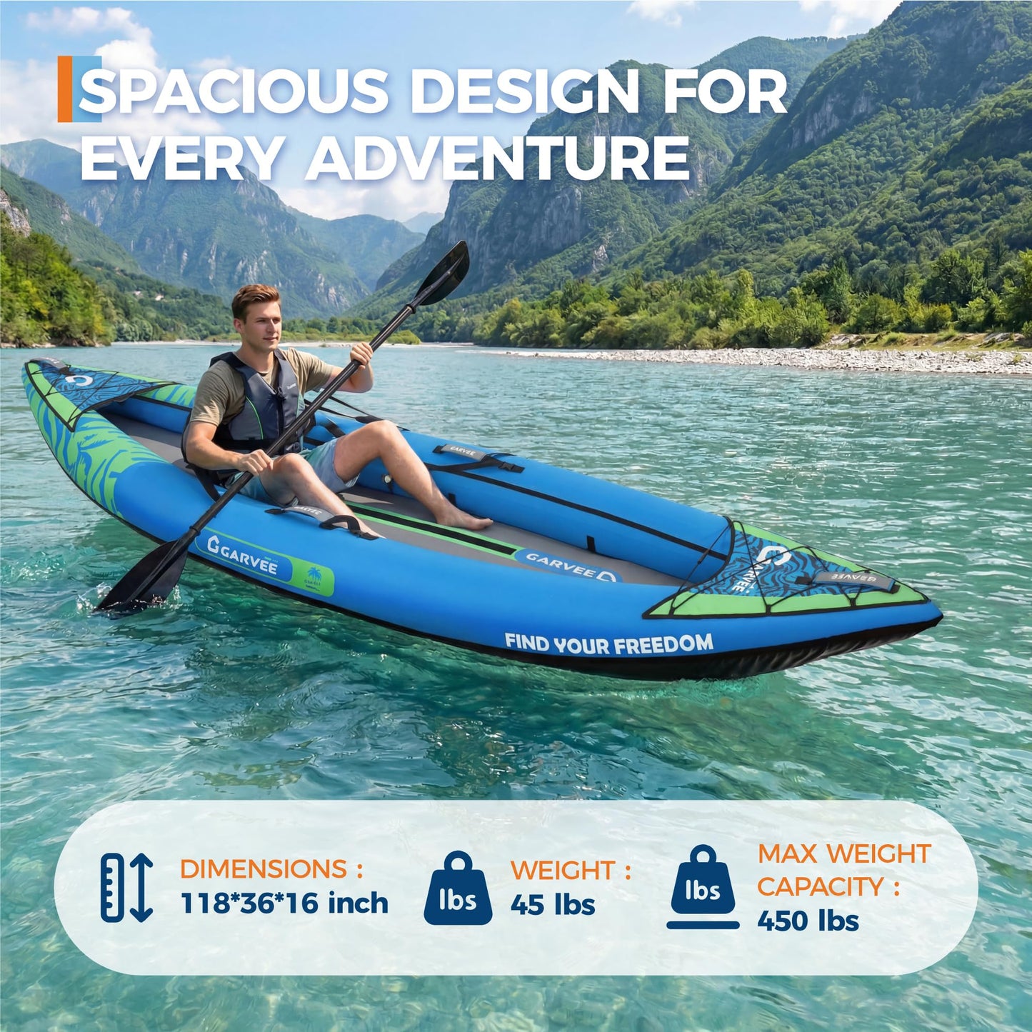 GarveeLife Inflatable Kayak for Adults - 400 LBS Capacity 1-2 Person Blow Up Boat with Paddle, Seat, Pedal, Hand Pump & Storage Bag, Blue/Sky Blue