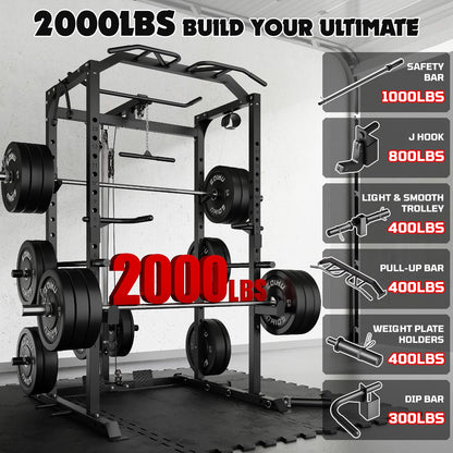 Goimu C1-V4 Power Cage, 2000LBS Squat Rack with LAT Pulldown, Multi-Function Weight Cage Strength Training Machine, Workout Cage with More Attachments for Home Gym Garage (C1-Pro Bk)