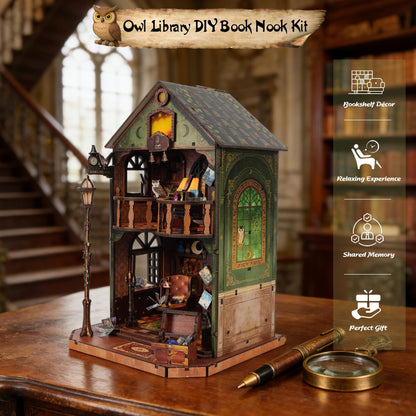 DIY Book Nook Kit | Miniature House Kit with LED Lights | 3D Wooden Puzzles for Adults & Teens | Creative Model Building Kit | Unique Bookshelf Decor & Gift for Craft Lovers | Owl Library