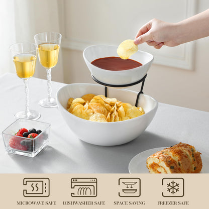 MALACASA 2 Tier Chip and Dip Serving Set with Metal Stand,Ceramic Appetizer Bowls for Party, Multi-Use Food Display for Fruits, Snacks,White Elegant Tiered Serving Dishes for Party
