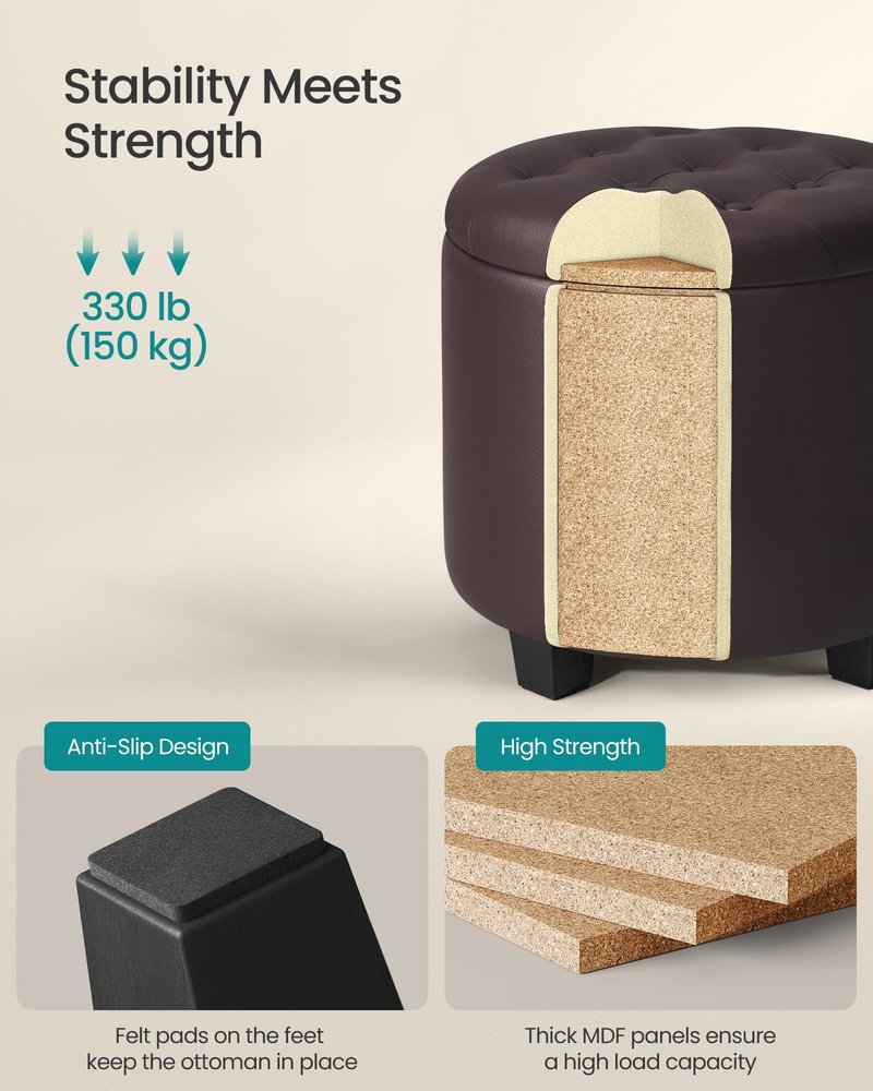 SONGMICS Round Ottoman, Ottoman with Storage, 17.7 x 17.7 x 17.5 Inches, Foot Rest with Legs, Synthetic Leather, Load up to 330 lb, for Living Room, Bedroom, Chestnut Brown ULOM014K01