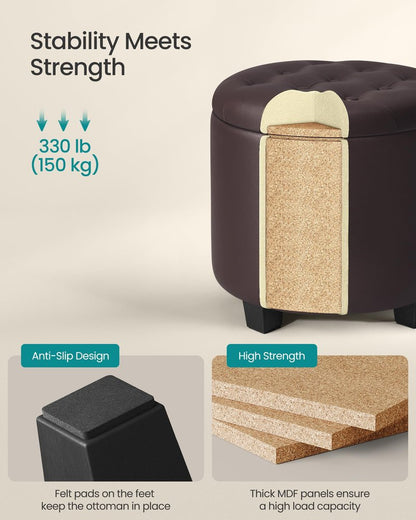 SONGMICS Round Ottoman, Ottoman with Storage, 17.7 x 17.7 x 17.5 Inches, Foot Rest with Legs, Synthetic Leather, Load up to 330 lb, for Living Room, Bedroom, Chestnut Brown ULOM014K01