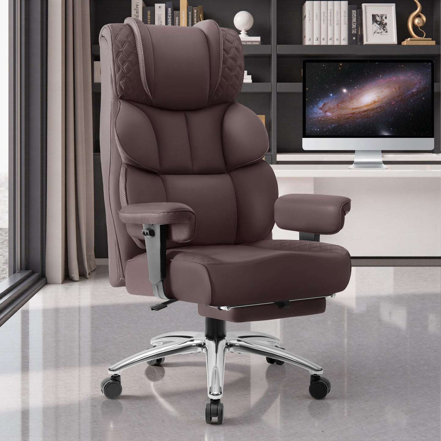 BestGlory Office Desk Chair, Big and Tall Leather Gaming Chair with Footrest, Wide Ergonomic Comfy Executive High-Back Reclining Computer Chairs, Swivel Rolling Wheels and Padded Lumbar Support,Coffee