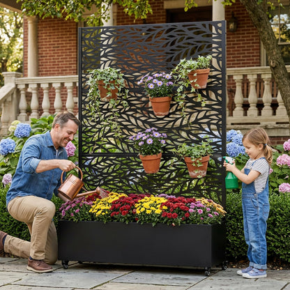 Wooakway 72" H Raised Garden Bed with Trellis and Wheels, Metal Privacy Screen Outdoor Planter Box with Decorative Leaf Pattern, 52 Gal Large Mobile Vertical Planter for Patio, Balcony & Backyard