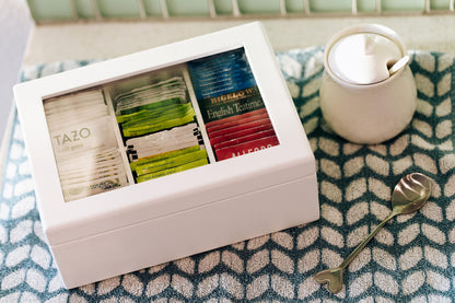 Break Tradition Wooden Tea Organizer For Tea Bags - Wooden Tea Chest With 6 Compartments - Clear Top Window - Lid Stays Open (White)
